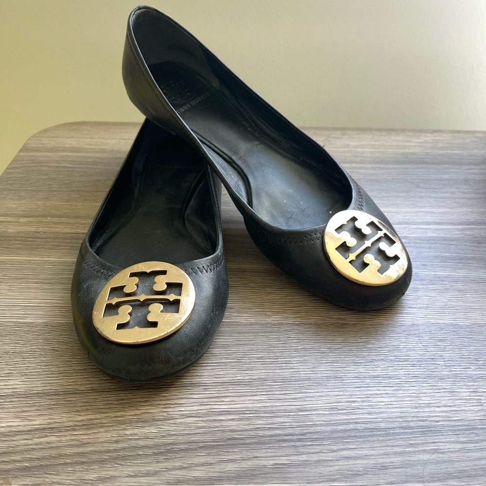 Tory Burch Black Loafers with Gold Emblem